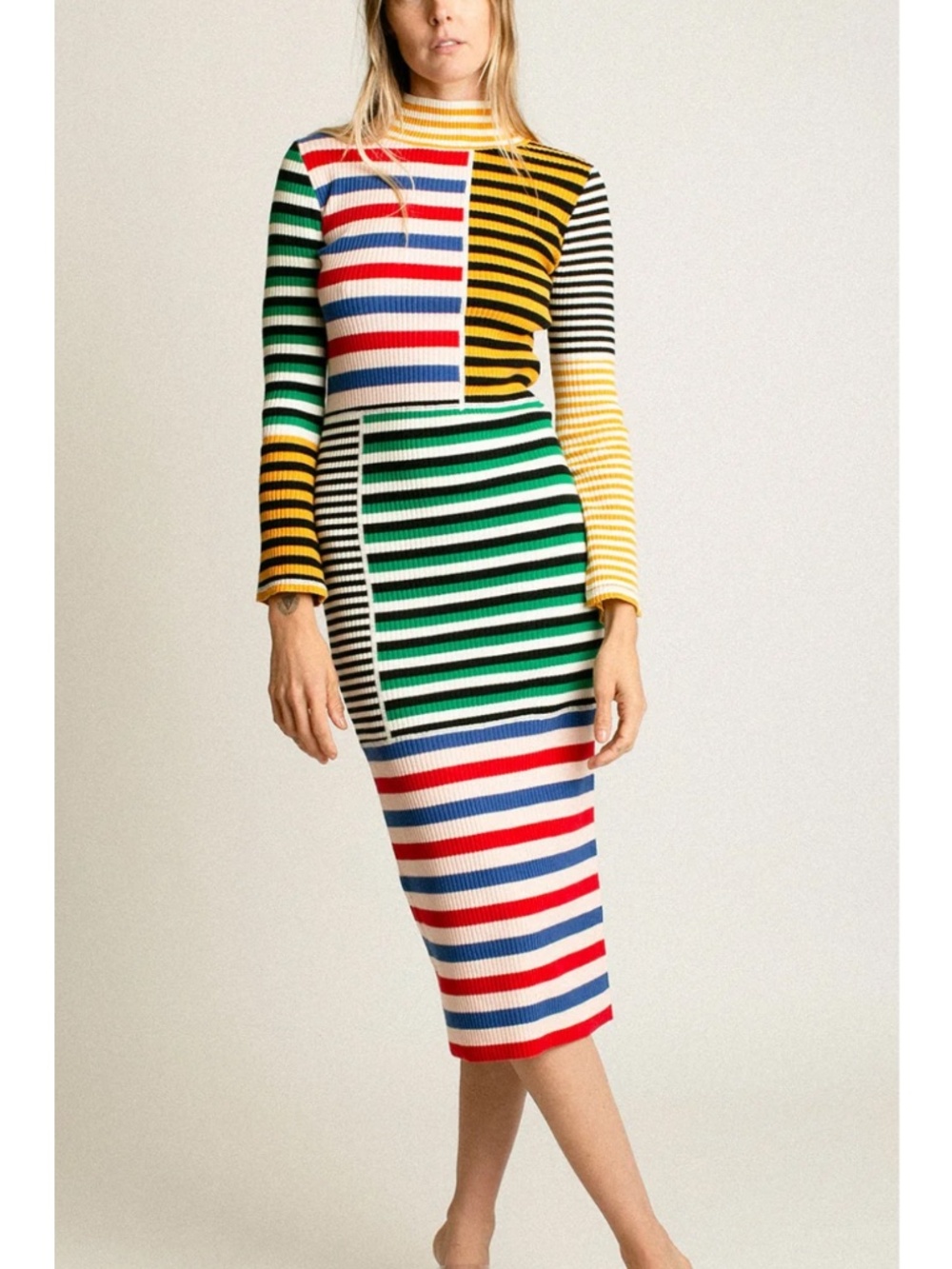 L.F. MARKEY Stripes 'Cecil Dress' 100% Cotton Body Con Ribbed Sweater Modern